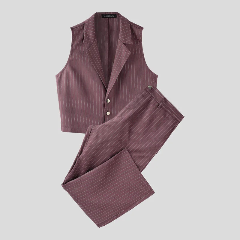 AIDASE  -  Men Striped Sets Lapel Sleeveless Vests & Pants Two Pieces Sets Streetwear Elegant 2025 Fashion Casual Men's Suits S-5XL aidase-shop