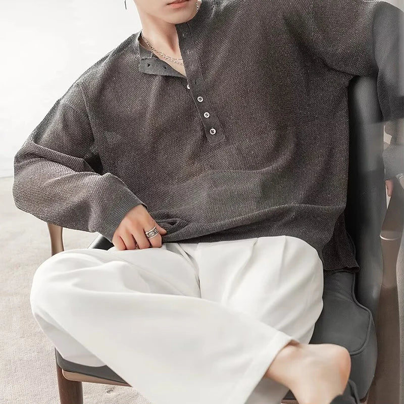 AIDASE  -  Spring Autumn Casual Men's Knitting Tops Stylish Knitted Henley T Shirts Mens Trendy Long Sleeve Button Hollow Out Knit T-shirt aidase-shop