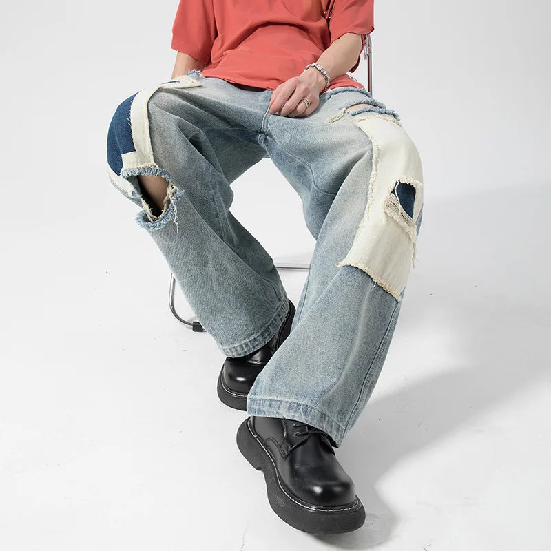 Aidase 2024 Men's Hole Casual Jean Beggar Pants High Street wear Spliced Jeans Summer Trendy Worn Out Wide Leg Denim Pants streetwear aidase-shop