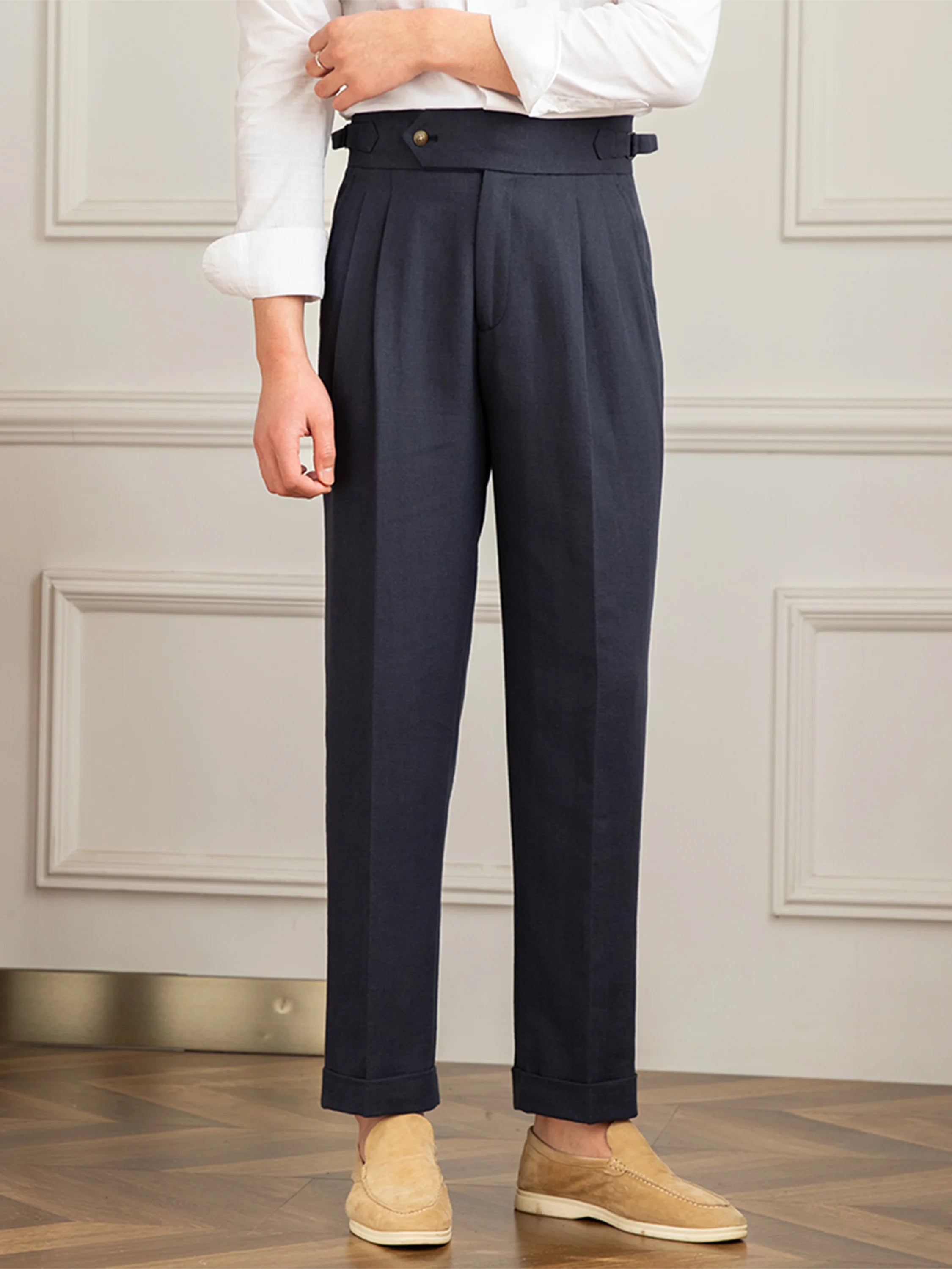 Aidase Linen Cotton High Waist Straight Casual Pants Men Versatile Naples Gentleman Pleated Pants High Quality Italian Dress Trousers aidase-shop