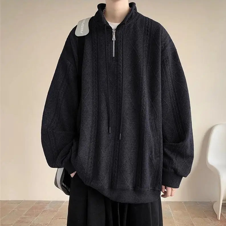 AIDASE  -  American Retro Zip-Up Collar Jacquard Sweatshirt Men's Winter Plush Oversized Couple Coat aidase-shop