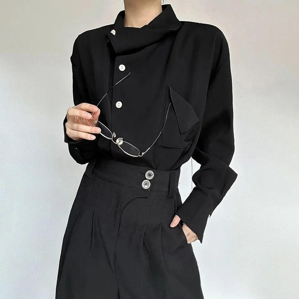 AIDASE  -  Spring New Men's Long Sleeve Solid Color Shirt Elegant Retro High-End Fashion Loose Neckline Design Irregular Men's Tops aidase-shop