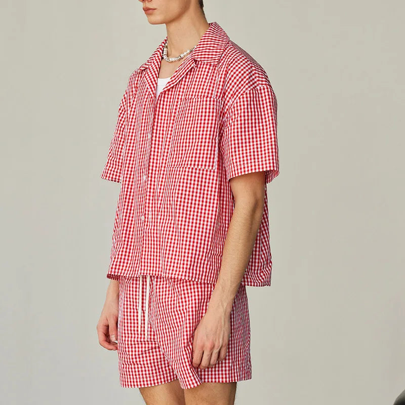 AIDASE  -  Men Plaid Sets Summer Vacation Streetwear Lapel Short Sleeve Shirt & Shorts 2PCS 2025 Loose Fashion Men's Casual Suits aidase-shop