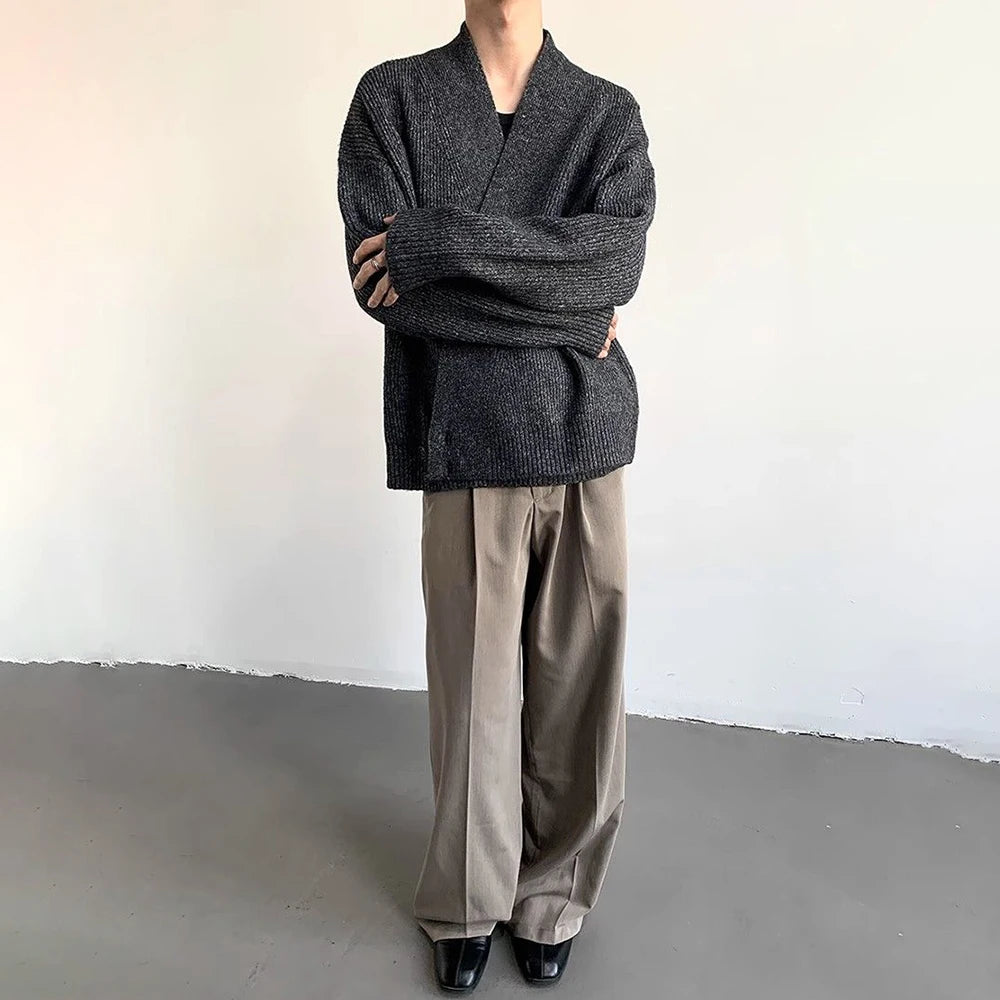 AIDASE  -  American High Street Fashion Solid Color Sweater Jacket Autumn And Winter Irregular Oblique Button V-Neck Cardigan Sweater Men aidase-shop