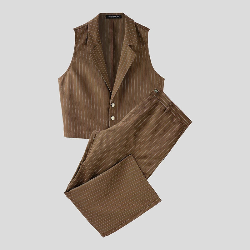 AIDASE  -  Men Striped Sets Lapel Sleeveless Vests & Pants Two Pieces Sets Streetwear Elegant 2025 Fashion Casual Men's Suits S-5XL aidase-shop