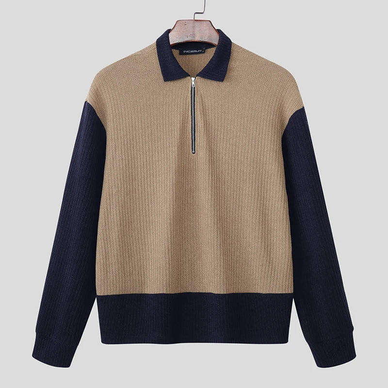 AIDASE  -  Men Sweaters Patchwork Knitted Lapel Long Sleeve Zipper Male Pullovers Streetwear 2025 Autumn Casual Men Clothing S-5XL aidase-shop