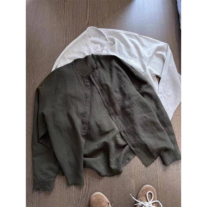 AIDASE  -  American Retro Linen irt Men's Lazy Loose Long Sve Collarl Design Sensation Cleanfit Top Sun Protection Casual Sle aidase-shop