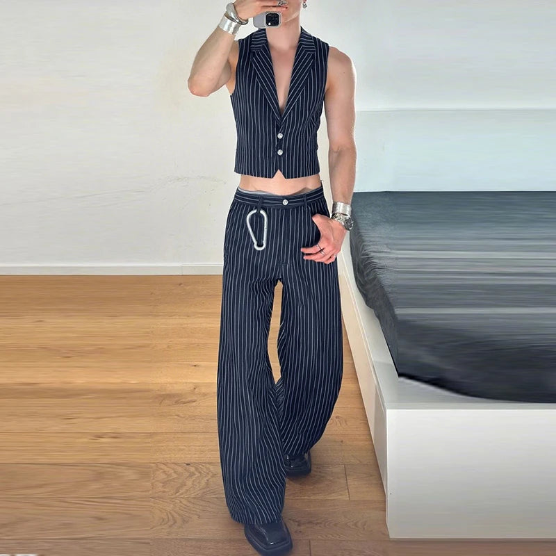AIDASE  -  Men Striped Sets Lapel Sleeveless Vests & Pants Two Pieces Sets Streetwear Elegant 2025 Fashion Casual Men's Suits S-5XL aidase-shop
