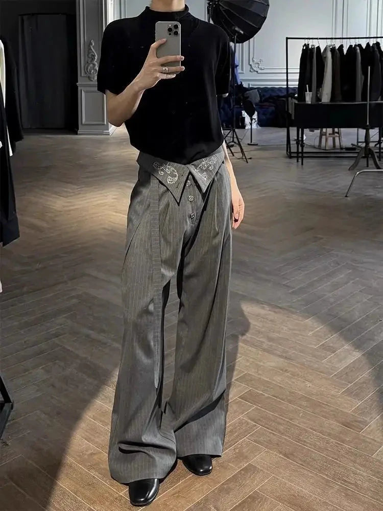 AIDASE  -  Trend Men Suit Pants Pleated Embroidered Straight-Leg Slightly Flared High-Waisted Striped Ribbon Trousers 21E7642 aidase-shop
