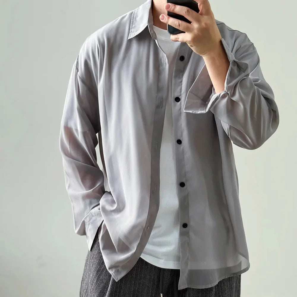 AIDASE  -  Summer New Men's Thin Solid Color Long-Sleeved Shirt Korean Casual Simple Leisure Fashion Trend Loose Breathable Men's Tops aidase-shop