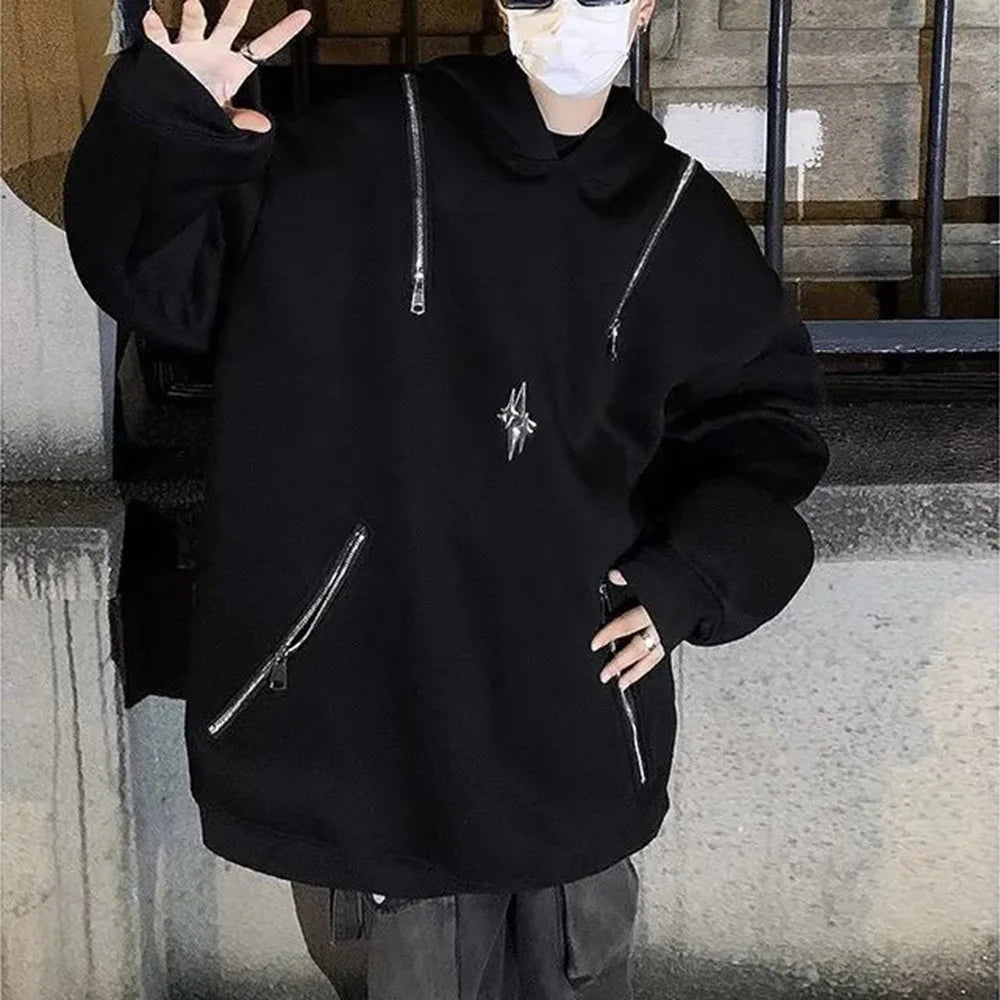 AIDASE  -  Y2k Mens Hoodie Metal Zipper Pocket Hooded Sweatshirt Autumn Casual Deconstruction Street Smart American Hip-Hop Jacket Unisex aidase-shop