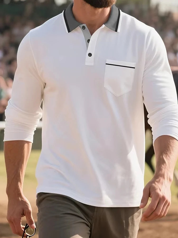 AIDASE  -  Men's Button-up Turn-down Collar Polo Shirt Autumn Fashion Mens Pullover Casual Long Sleeve Contrast Color Patchwork Polo Shirts aidase-shop