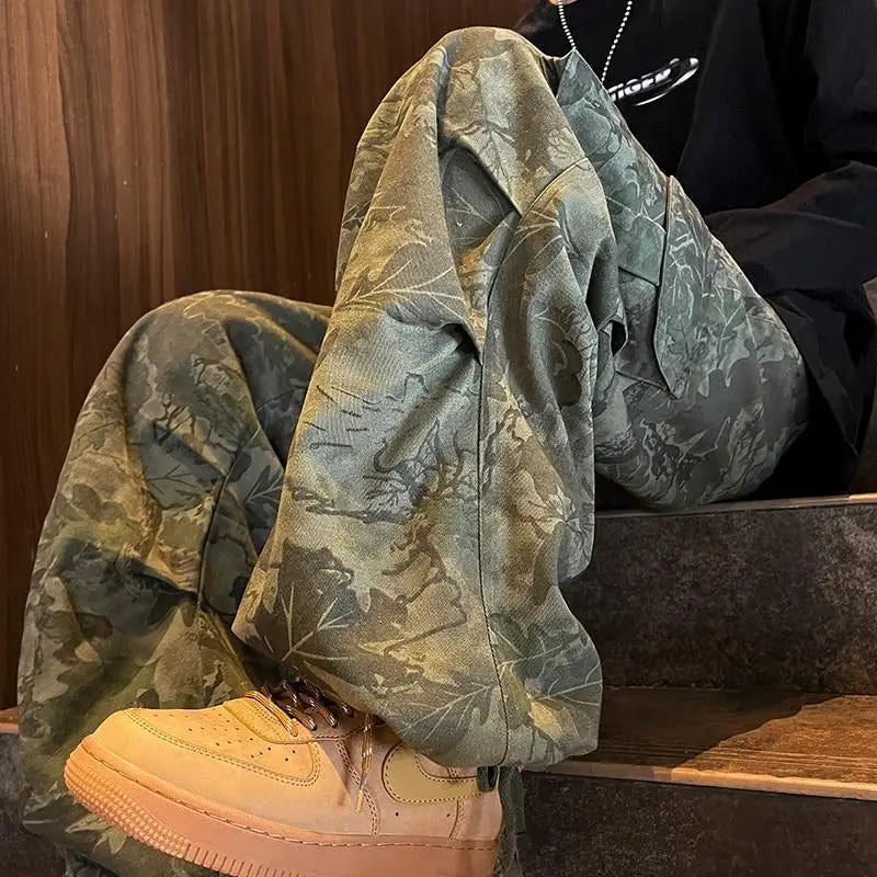 Aidase Spring Autumn Men's Clothing Elastic High Waisted Pockets Camouflage Loose Casual Contrast Color Trousers Wide Leg England Pants aidase-shop