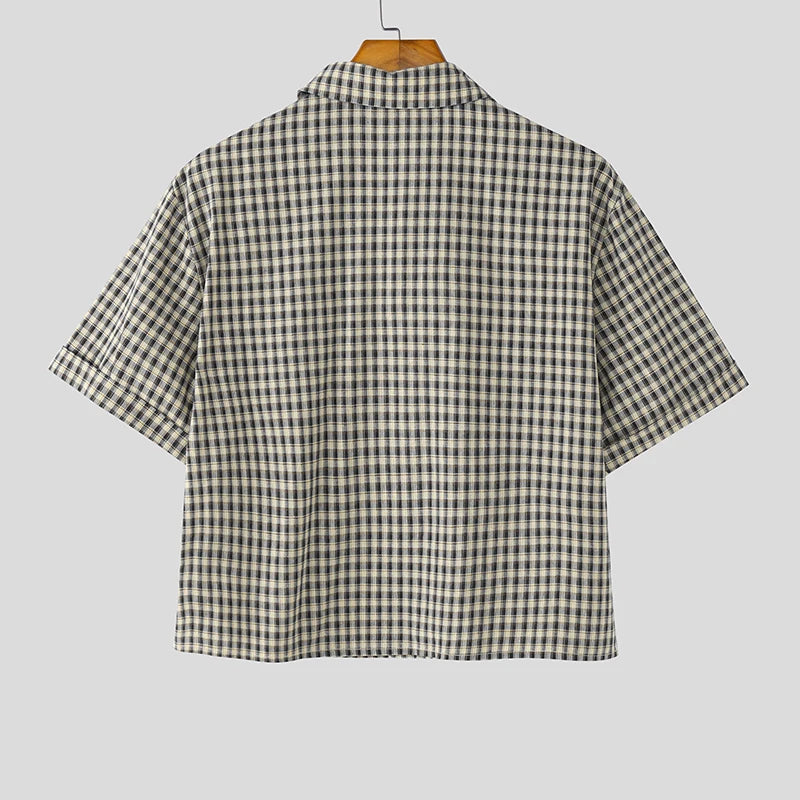 AIDASE  -  Men Plaid Shirt Lapel Short Sleeve Pockets Korean Style Men Clothing Summer Loose 2025 Streetwear Causal Male Crop Tops aidase-shop