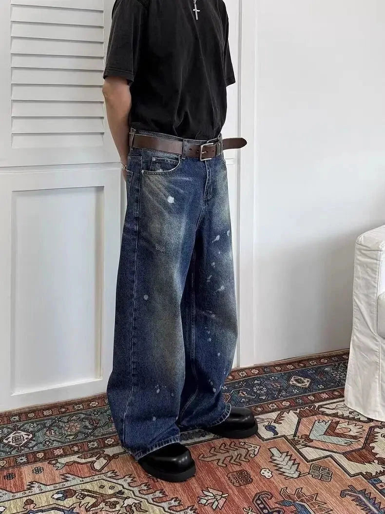 AIDASE  -  Vintage Men's Jeans Loose Ink Splash Wide-Leg Design Stylish Straight-Leg Denim Pants 2025 Autumn New Clothing 21E7640 aidase-shop