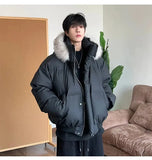 AIDASE  -  Detachable Hooded Men's Cotton Jacket American Style Short Fur Collar Long Sleeve Solid Color Casual Male Coats 21E7670 aidase-shop