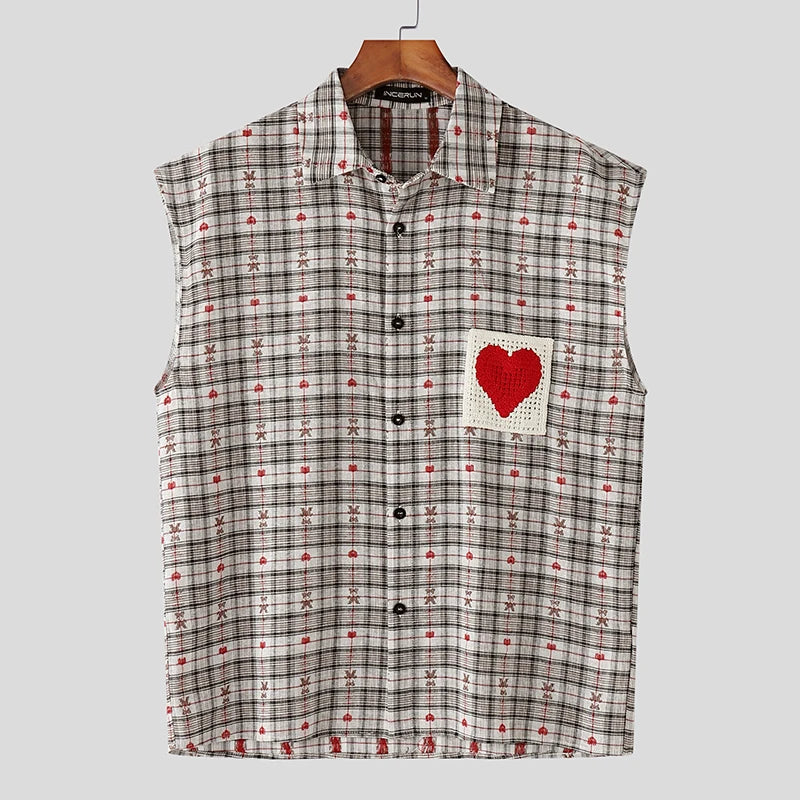 AIDASE  -  Men Shirt Plaid Patchwork Lapel Sleeveless Loose Male Shirts Summer Cotton Steetwear 2025 Casual Men Clothing Vacation aidase-shop