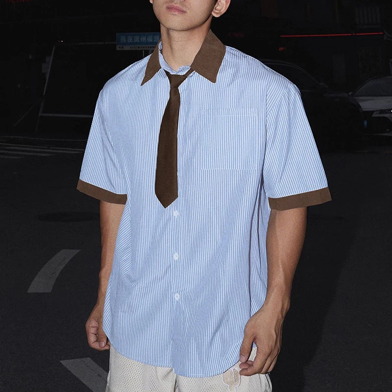AIDASE  -  Men Shirt Striped Patchwork Lapel Short Sleeve Button Casual Men Clothing Loose Tie 2025 Fashion Male Shirts S-5XL Tops aidase-shop