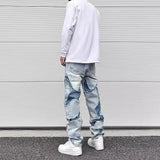 Aidase Streetwear Swag Style Blue Frayed Jeans Pants for Men Retro Washed Ripped Casual Tapered Denim Trousers Slim Fit Y2k Jean Male aidase-shop