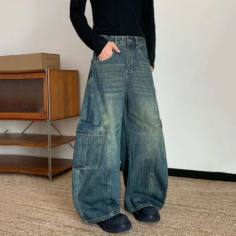AIDASE  -  American Style Male Washed Jeans Large Pocket Design Loose Wide-Leg Scimitar Long Pants 2025 New Fashion Menswear 21E6838 aidase-shop