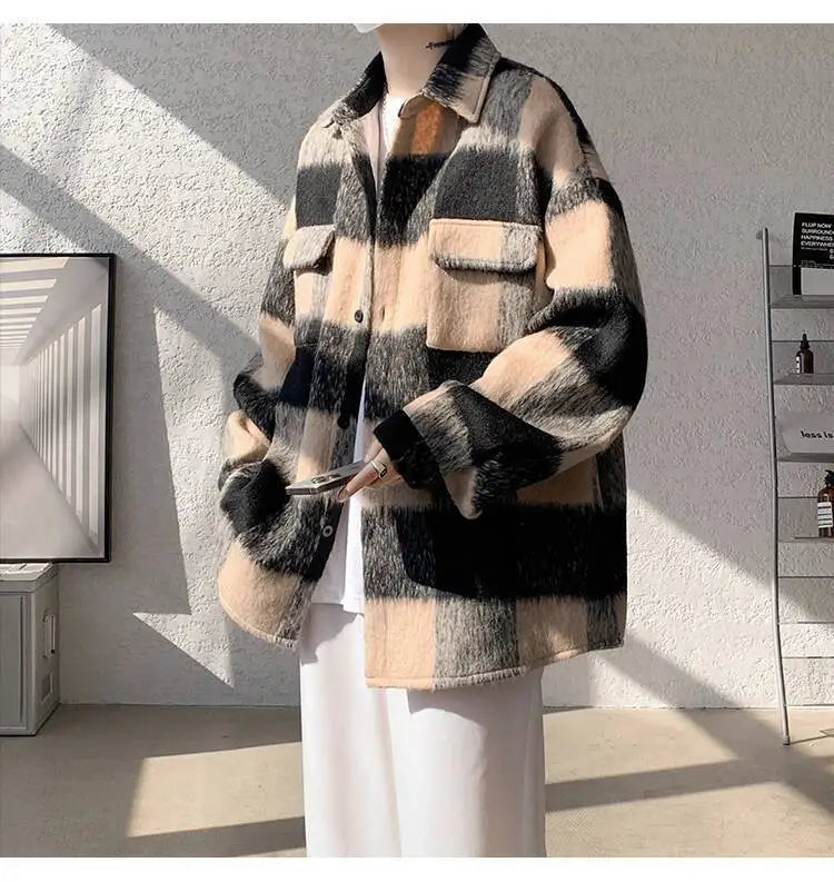 AIDASE  -  American Style Men's Woolen Jacket Loose High Street Large Pocket Decoration Long Sleeve Turn-down Collar Men Coats 21E7628 aidase-shop