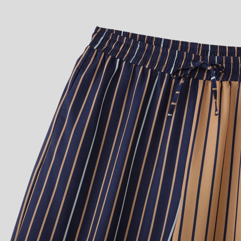 AIDASE  -  Men Pants 2025 Loose Drawstring Striped Patchwork Casual Straight Wide Leg Trousers Men Streetwear Fashion Long Pants aidase-shop