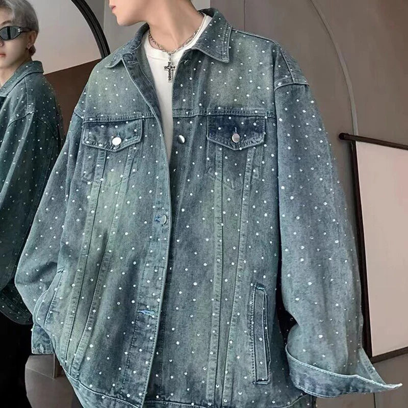 AIDASE  -  Fashion Men's Denim Jacket 2025 New Diamond-studded Decoration Long Sleeve Lapel Single-breasted Men Coats Trend 21E6846 aidase-shop