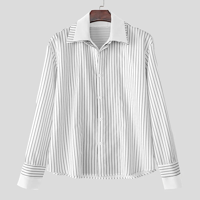 AIDASE  -  Men Shirt Striped Patchwork Lapel Long Sleeve Loose Men Clothing Streetwear 2025 Fashion Casual Male Shirts Korean Style aidase-shop