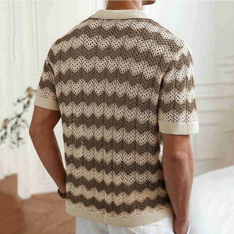 AIDASE  -  Mens Beach Vintage Striped Crochet Knit Cardigans Men Summer Trendy Lapel Button-up Shirt New Casual Hollow Out Knitted Shirts aidase-shop