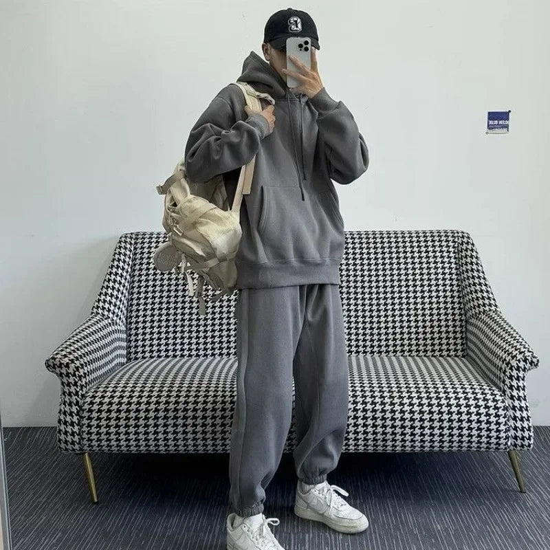 Aidase Hooded Sweatshirt Men's Autumn Winter Velvet Two-piece Set American Oversize Loose Casual Sweatpants Suit Aesthetic Streetwear aidase-shop