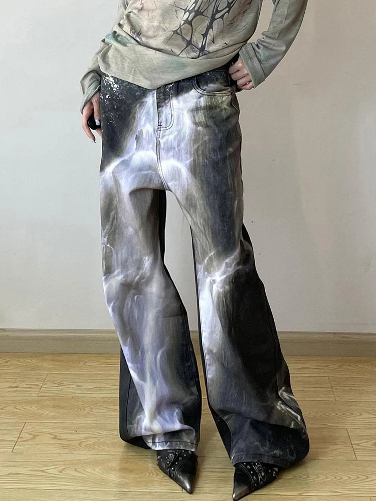 AIDASE  -  American Retro High Waist Full Length Jeans Street Waterfall Print Hip-hop Baggy Pants Women's Casual Y2K Grunge Denim Trouser aidase-shop