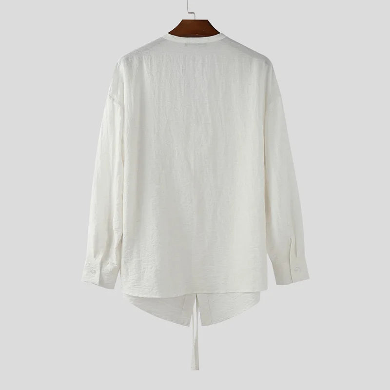 AIDASE  -  Men Shirt Solid Color V Neck Long Sleeve Loose Casual Male Tops Streetwear Korean Style Shirts 2025 Fashion Men Clothing aidase-shop