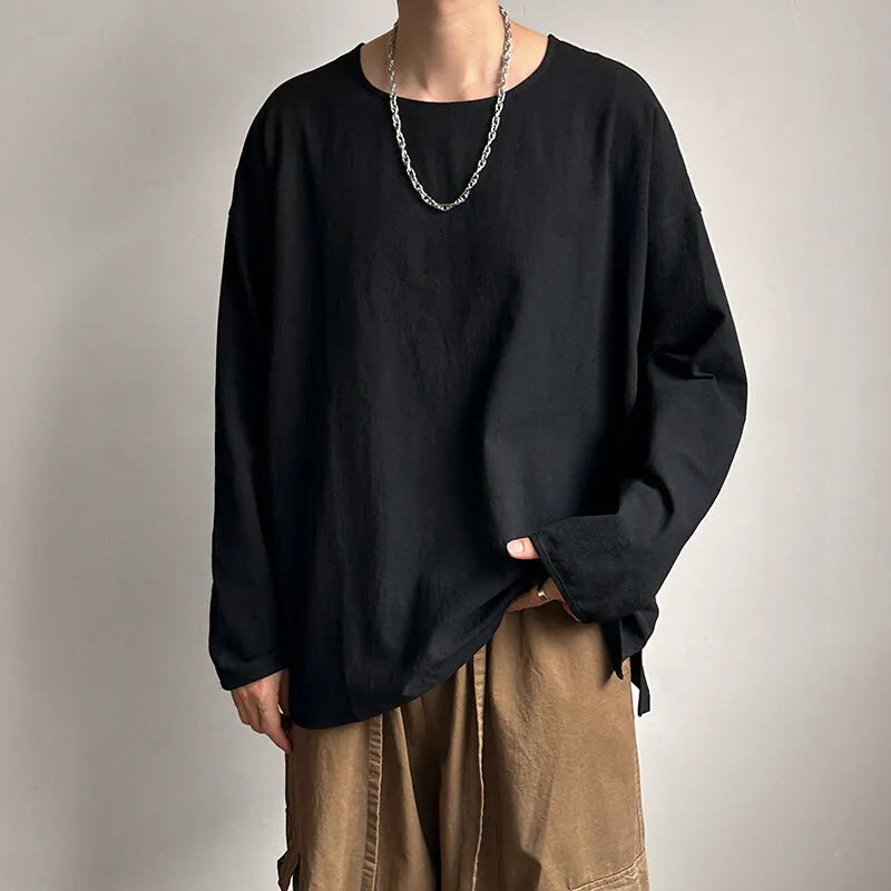 AIDASE  -  Spring Autumn Round Neck Loose T-Shirt Men Cotton Linen Long Sleeve Casual Male Tshirt Comfortable Breathable Hip Hop Tees Tops aidase-shop