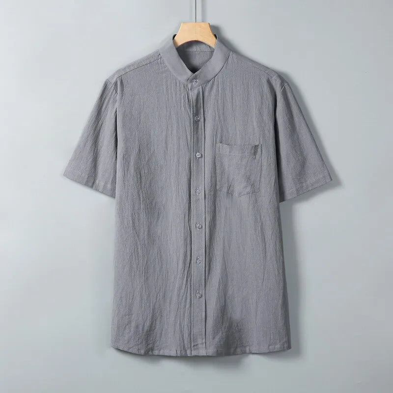 AIDASE  -  Summer Short Sleeve Cotton Linen Shirts Men Solid Casual Stand Collar Shirt Male Breathable Loose Daily Blouse Tops Plus Size aidase-shop