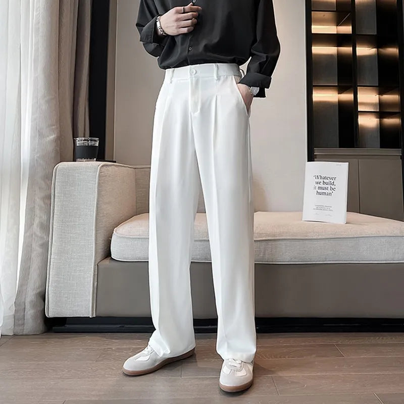 Aidase Summer Men Thin Casual Suit Pants Long Straight Drape Silky Wide Loose Trousers Male Elastic Waist Oversize Clothes Black White aidase-shop