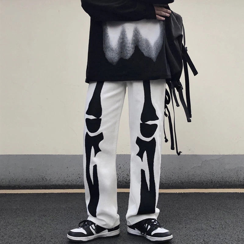 Aidase Trousers With Print White Jeans For Men Skeleton Straight Male Cowboy Pants Designer Comfortable 2024 Korean Autumn Harajuku aidase-shop