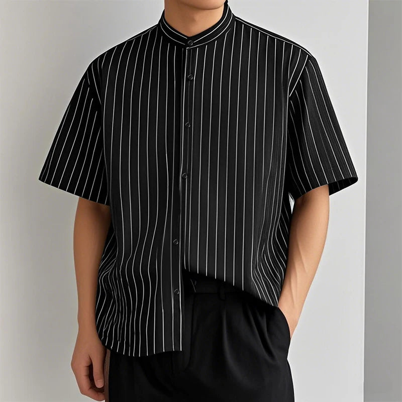 AIDASE  -  Men Striped Shirt Stand Collar Short Sleeve Button Loose Men Clothing Summer Streetwear 2025 Fashion Casual Male Shirts aidase-shop