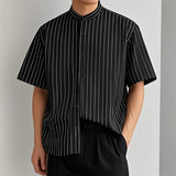 AIDASE  -  Men Striped Shirt Stand Collar Short Sleeve Button Loose Men Clothing Summer Streetwear 2025 Fashion Casual Male Shirts aidase-shop