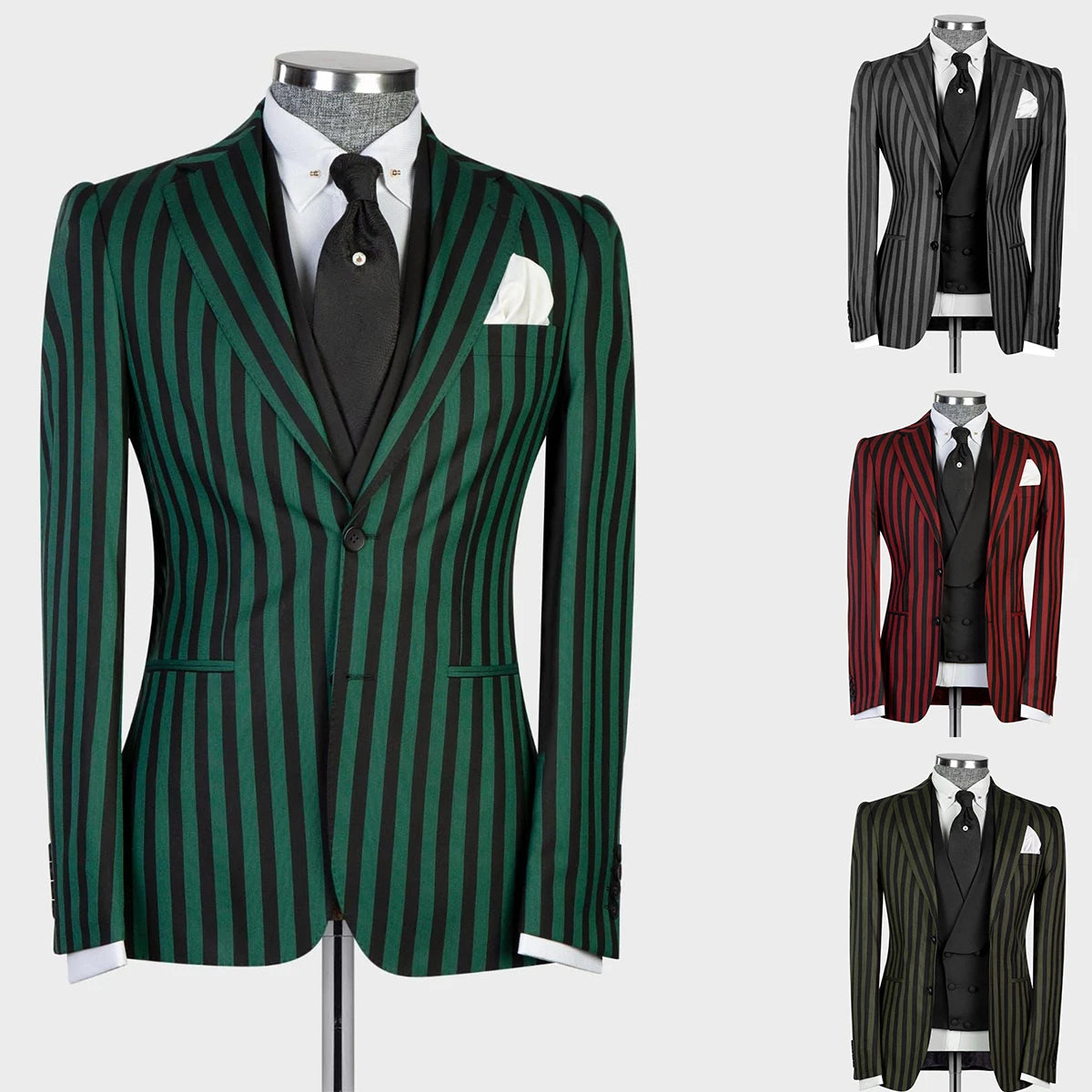 =Aidase Men's Suit 3 Pieces Blazer Vest Pants Peaked Lapel Single Breasted Tuxedo Wedding Groom Pinstripes Formal Tailored Costume Homme aidase-shop