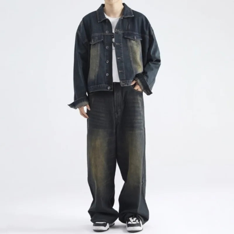 Aidase American Retro Vintage Denim Lapel Jacket Men's Hight Street Drape Wide Leg Jeans Hip Hop Trousers Suit/single Piece aidase-shop