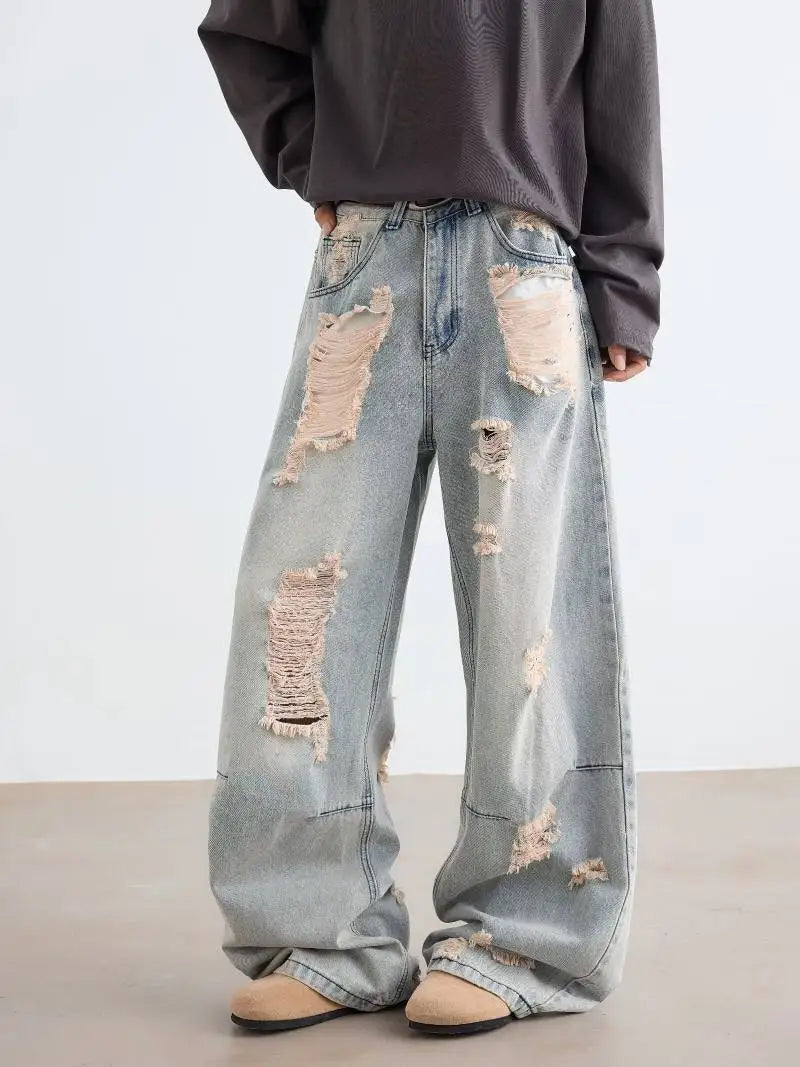 AIDASE  -  Men's Ripped Jeans Korean Style Trendy High Street Stylish Versatile Trousers 2025 Autumn Niche Design Denim Pants 21E7188 aidase-shop