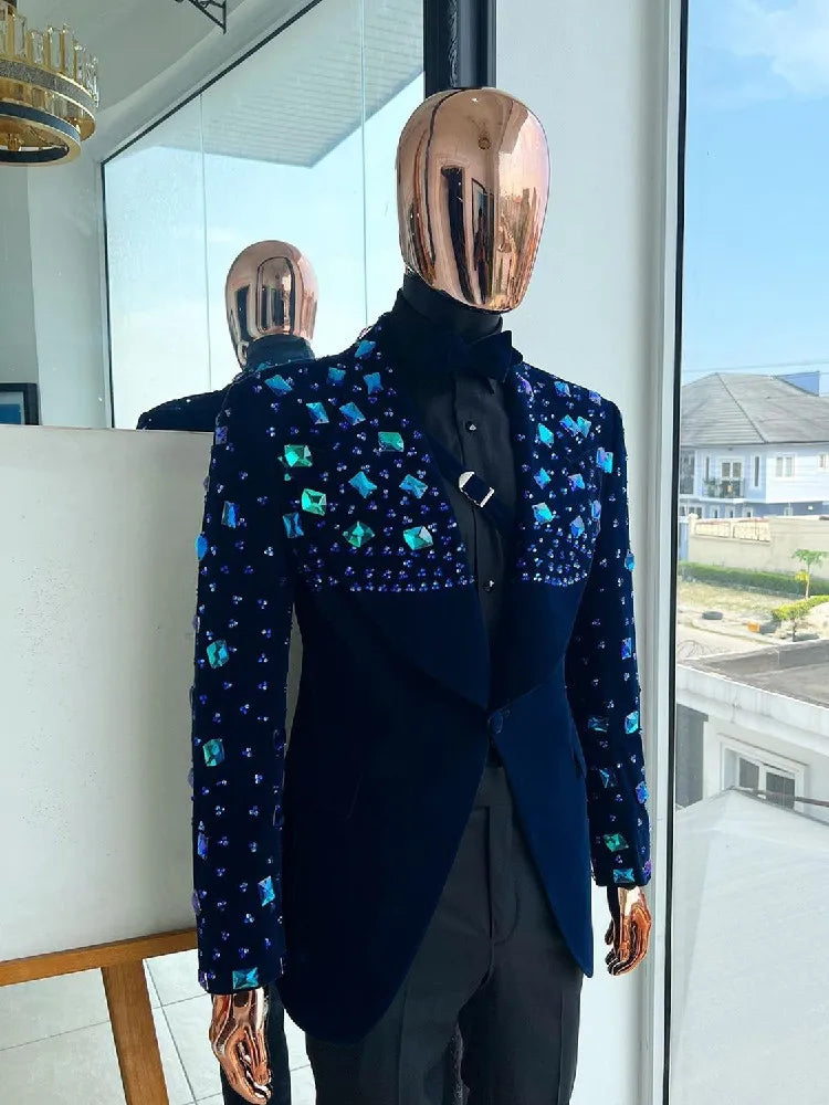 Aidase Luxury Men's Suits Tailored 2 Pieces Velvet Blazer Black Pants One Button Diamonds Beaded ShinyWedding Groom Tailored Plus Size aidase-shop