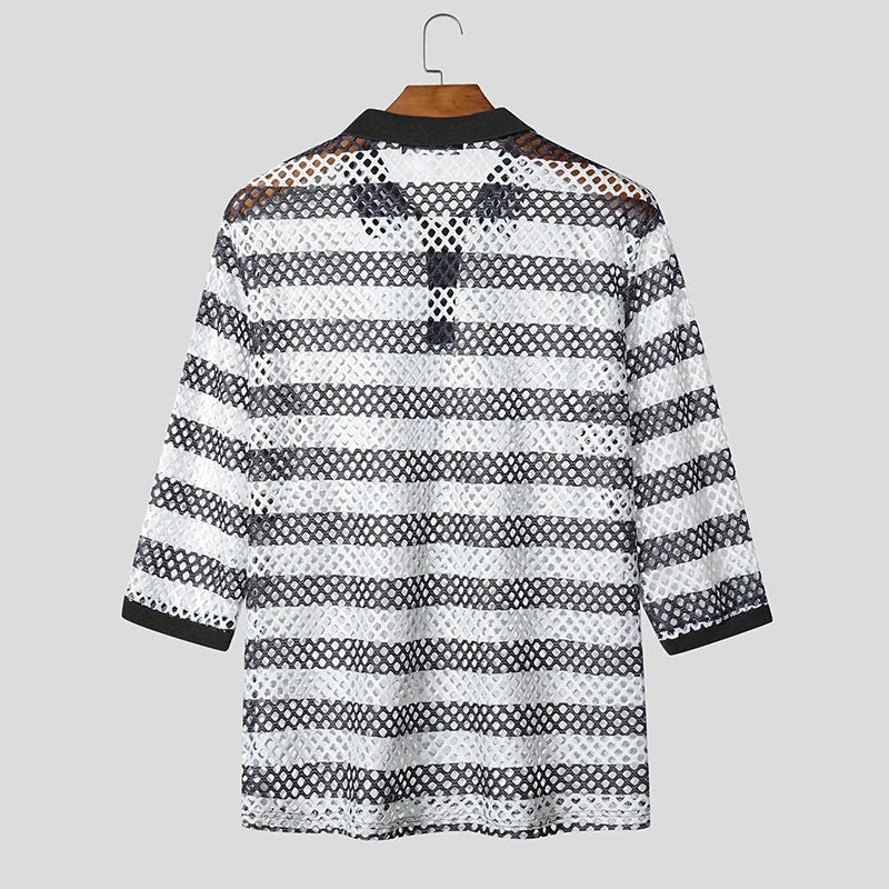 AIDASE  -  Men Shirt Striped Patchwork See Through Lapel Half Sleeve Hollow Out Male Shirts Streetwear Tops Fashion Men Clothing aidase-shop