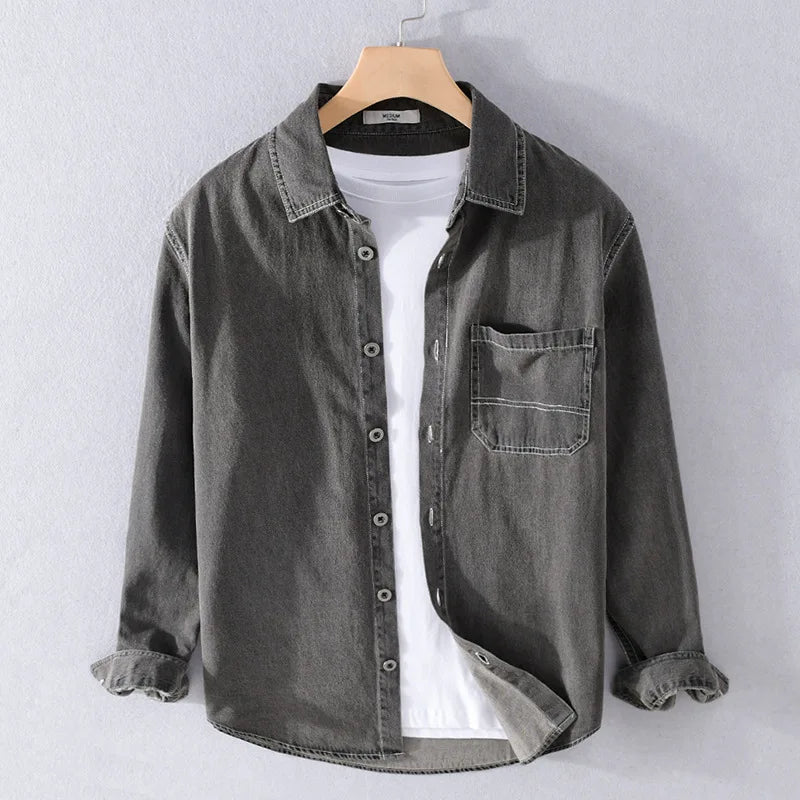 Aidase Dark Gray Distrssed Washed Denim Shirt Men's Clothing Simple Casual Wear Retro Cargo Jeans Tops Long Sleeve Oversize Fashion aidase-shop