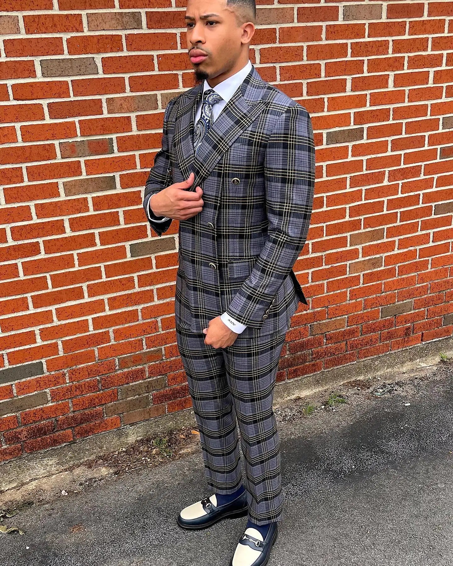 Aidase New Men's Suit 2 Pieces Blazer Pants Double Breasted Peaked Lapel Plaid Formal Stripes Wedding Groom Tailored Costume Homme aidase-shop