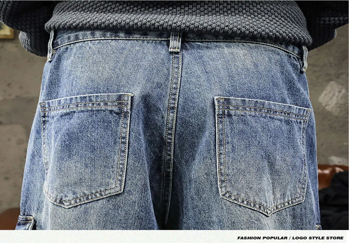 Aidase American Style Multi Pocket Denim Pants Men Spring Autumn Loose Straight Trouser Trendy Vintage Cargo Jeans Fashion Streetwear