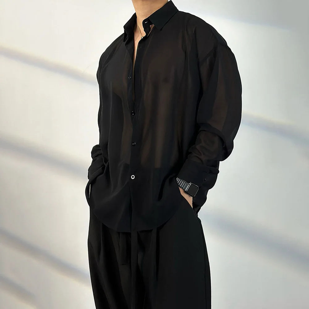 AIDASE  -  Mens Shirt Transparent Sheer Sexy Long Sleeved Shirt Summer Casual Personality Breathable Quick Drying Top Men's Clothing aidase-shop
