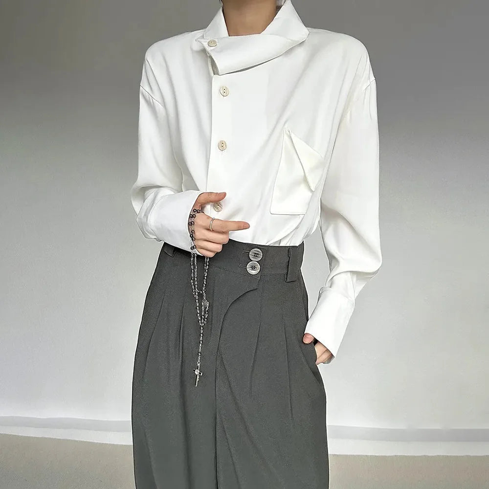 AIDASE  -  Spring New Men's Long Sleeve Solid Color Shirt Elegant Retro High-End Fashion Loose Neckline Design Irregular Men's Tops aidase-shop