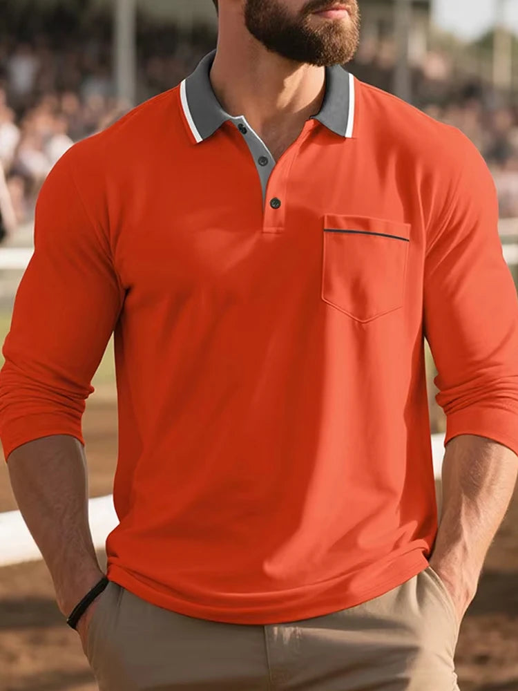 AIDASE  -  Men's Button-up Turn-down Collar Polo Shirt Autumn Fashion Mens Pullover Casual Long Sleeve Contrast Color Patchwork Polo Shirts aidase-shop