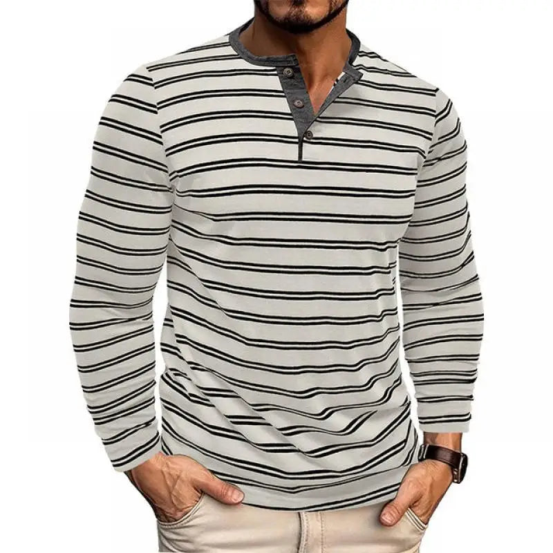 AIDASE  -  New Men's Henley Collar Long Sleeve T-Shirts Striped Casual Button T Shirt for Men Spring Autumn Male Fashion Cotton Tees Tops aidase-shop